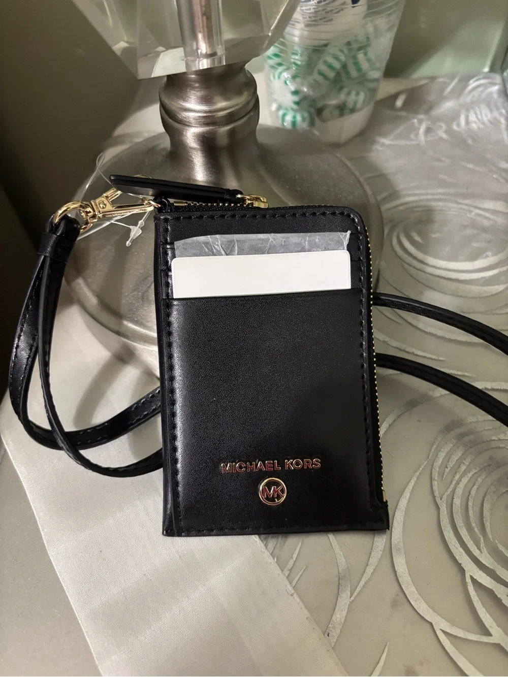 Michael Kors Black Leather Wristlet Charm with Gold Hardware
